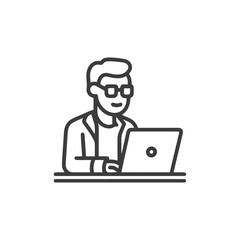 Focused Male Character with Glasses Working on Computer, Line Art Icon