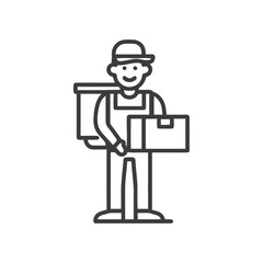 Minimalist Line Icon of a Smiling Courier with Delivery Bag and Package