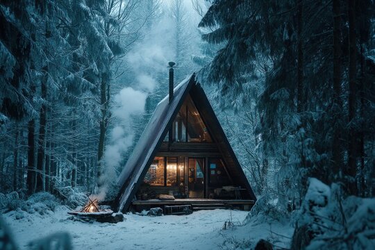 Cozy a frame cabin in a snowy winter forest