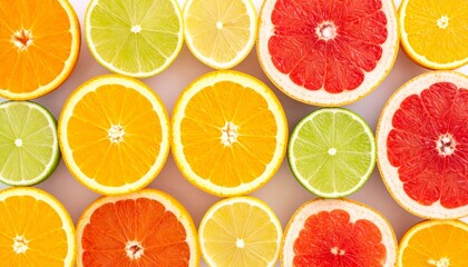 Vibrant Sliced Citrus Fruits Row on White Background Including Orange Grapefruit