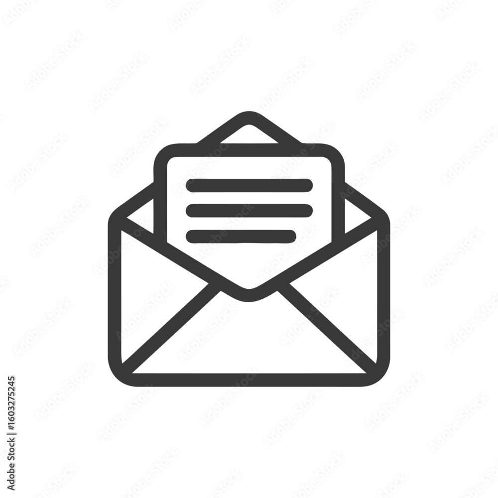 Poster minimalist line art icon of an open envelope with a letter, symbolizing communication and messages.