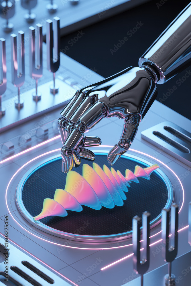 Poster futuristic robotic hand adjusting colorful sound waves on a high-tech interface in neon lighting