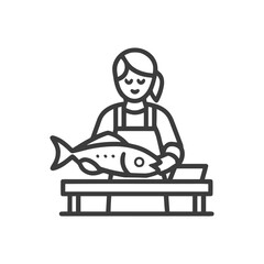 Smiling fishmonger preparing a large fish, a clean and simple line art icon.