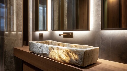 Natural stone sink on a floating cabinet, with soft lighting and backlit mirrors