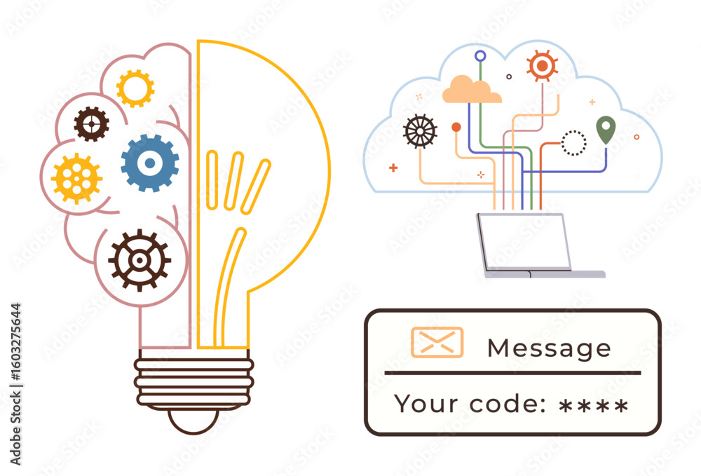 Poster half-brain bulb with gears, cloud linked to a laptop, and email code box. ideal for innovation, tech