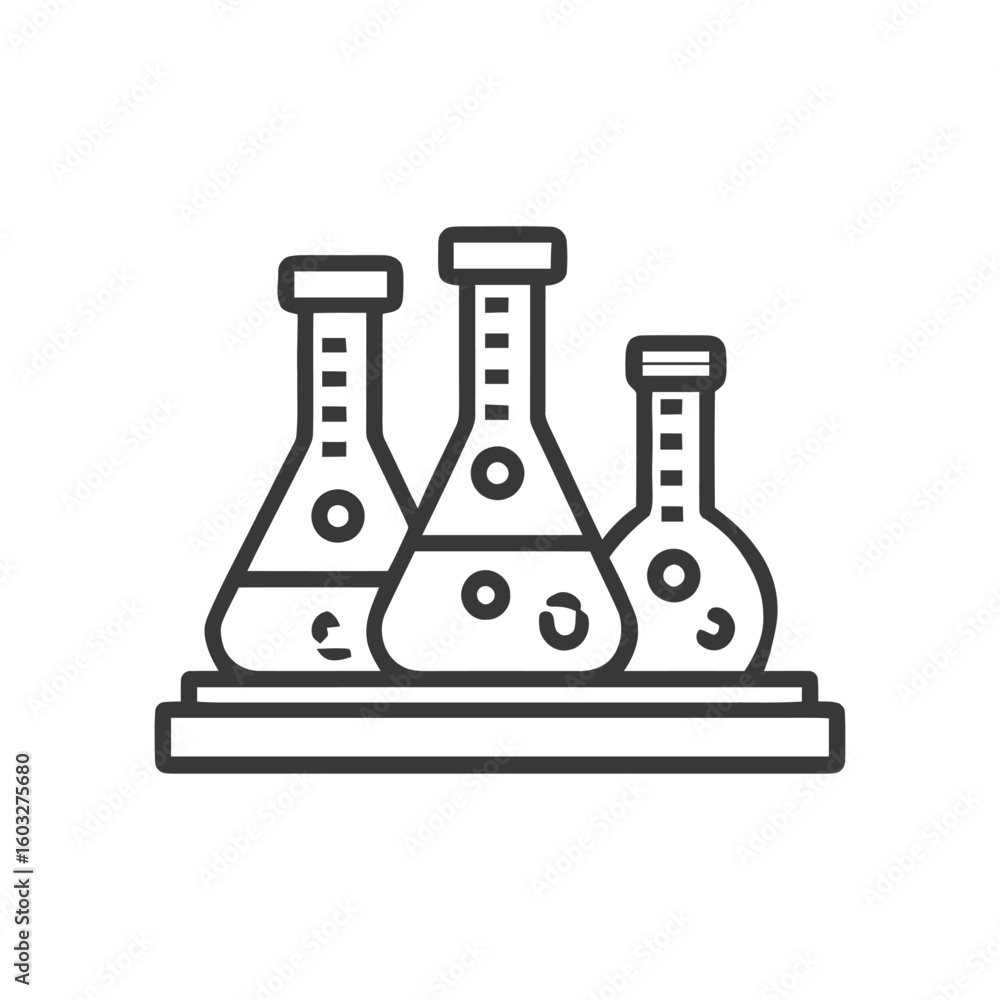 Poster modern outline icon of three distinct laboratory flasks with liquid and bubbles on a stand, symboliz