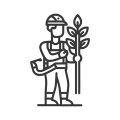 Guardian of Nature: Worker in Protective Gear Holding a Sapling Line Art Icon