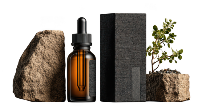 Amber glass dropper bottle with dark box and small plant on transparent background