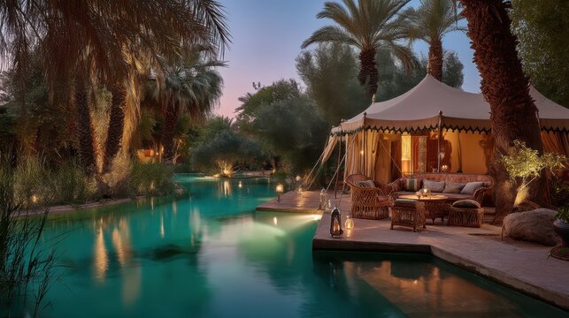 Magical oasis evening scene with tent and pool