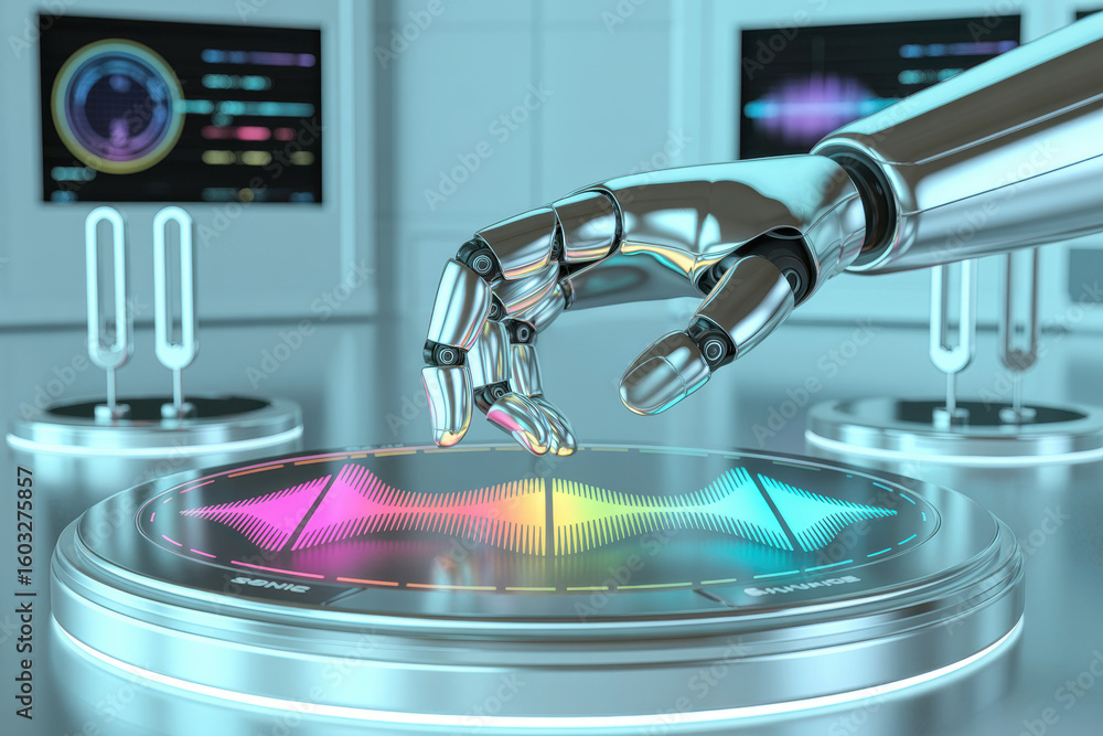 Aufkleber futuristic robotic hand interacting with colorful soundwave interface in modern tech lab