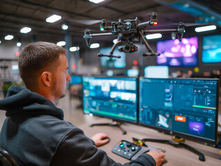 Man operating drone with dual monitor setup near