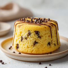 moist vanilla sponge cake studded with chocolate chips and topped with a rich chocolate drizzle, served on a ceramic plate for a delicious treat