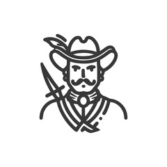 Obraz premium Stylized Conquistador Bust Icon with Feathered Hat and Dagger, Monochrome Historical Line Art