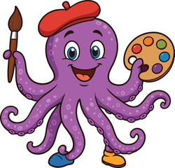 Cheerful cartoon octopus holding paintbrush and palette, friendly artist sea creature, colorful underwater character, creative vector illustration for kids