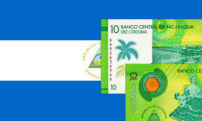 10 Cordobas Nicaragua, a fragment of a banknote for design. Polymer money of Nicaragua