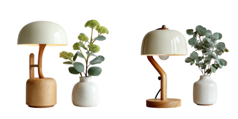 Two modern bedside lamps with cream dome shades and wooden bases next to vases with green foliage isolated on transparent background