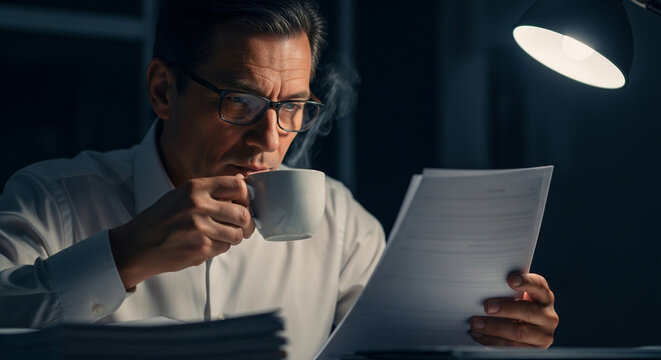Man in glasses drinks from a mug while reviewing documents under a bright lamp in a dark room