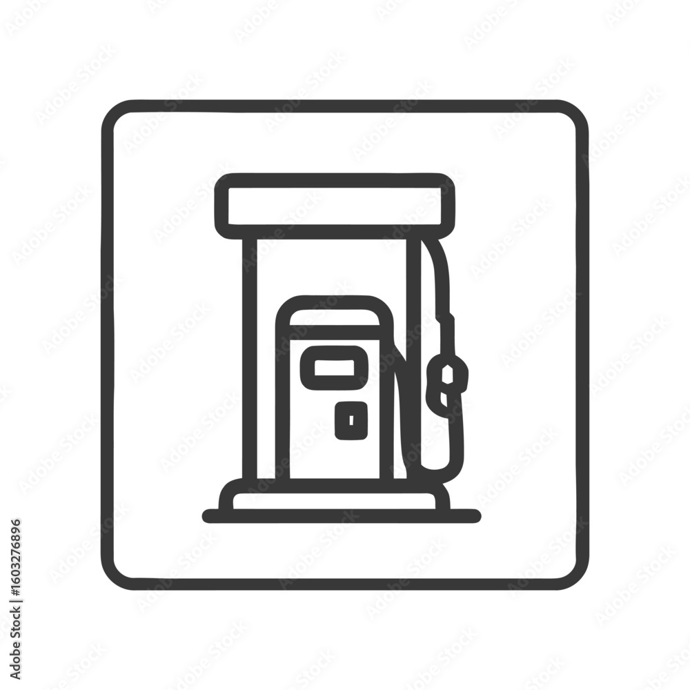Poster simple black line gas station icon in rounded square frame for fueling and travel concepts