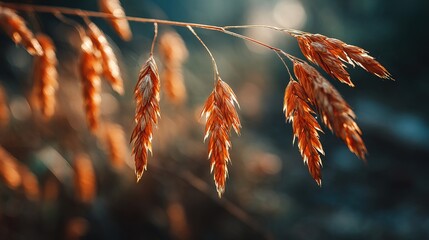 Dry ear of cereal grass illuminated by warm evening light on blurred dark background creating atmosphere of calm autumn natural harmony
