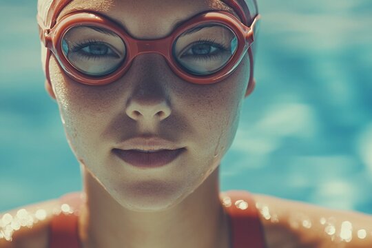 Athlete preparing for swim by adjusting goggles poolside