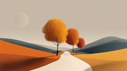Abstract autumn landscape winding road rolling hills orange trees moon light sky creating peaceful artistic atmosphere