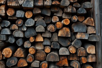 Neatly stacked firewood in countryside shed 