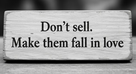 Inspirational message on wooden block: don't sell, make them fall in love
