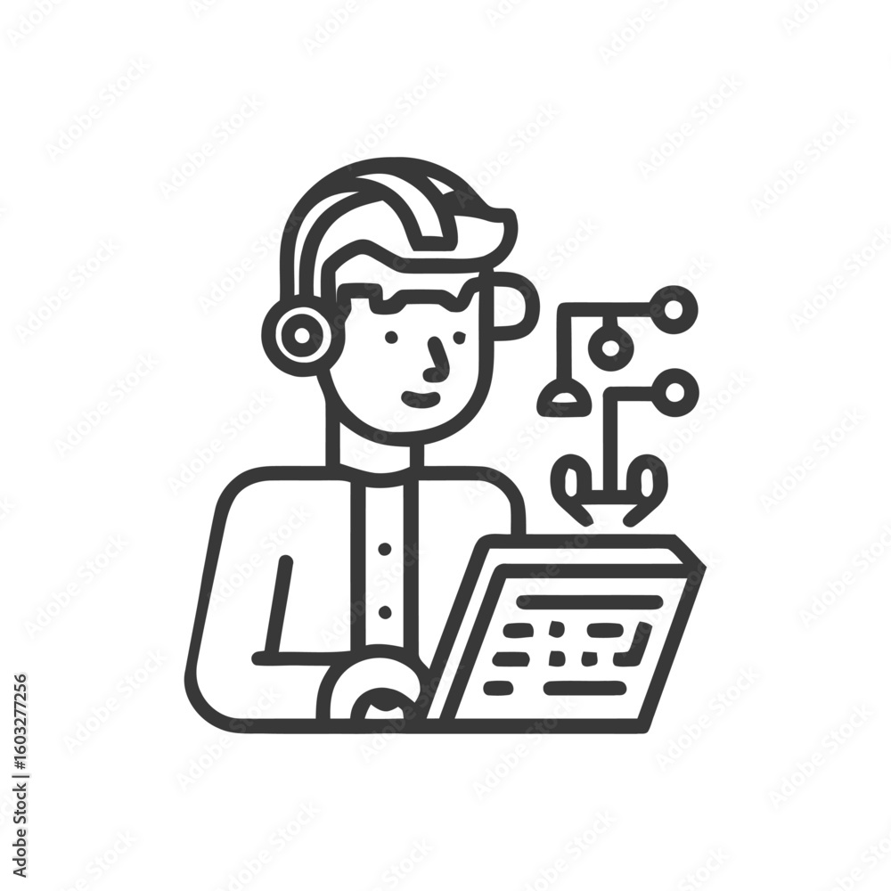 Poster modern line art icon of person with headphones and laptop for data processing or coding