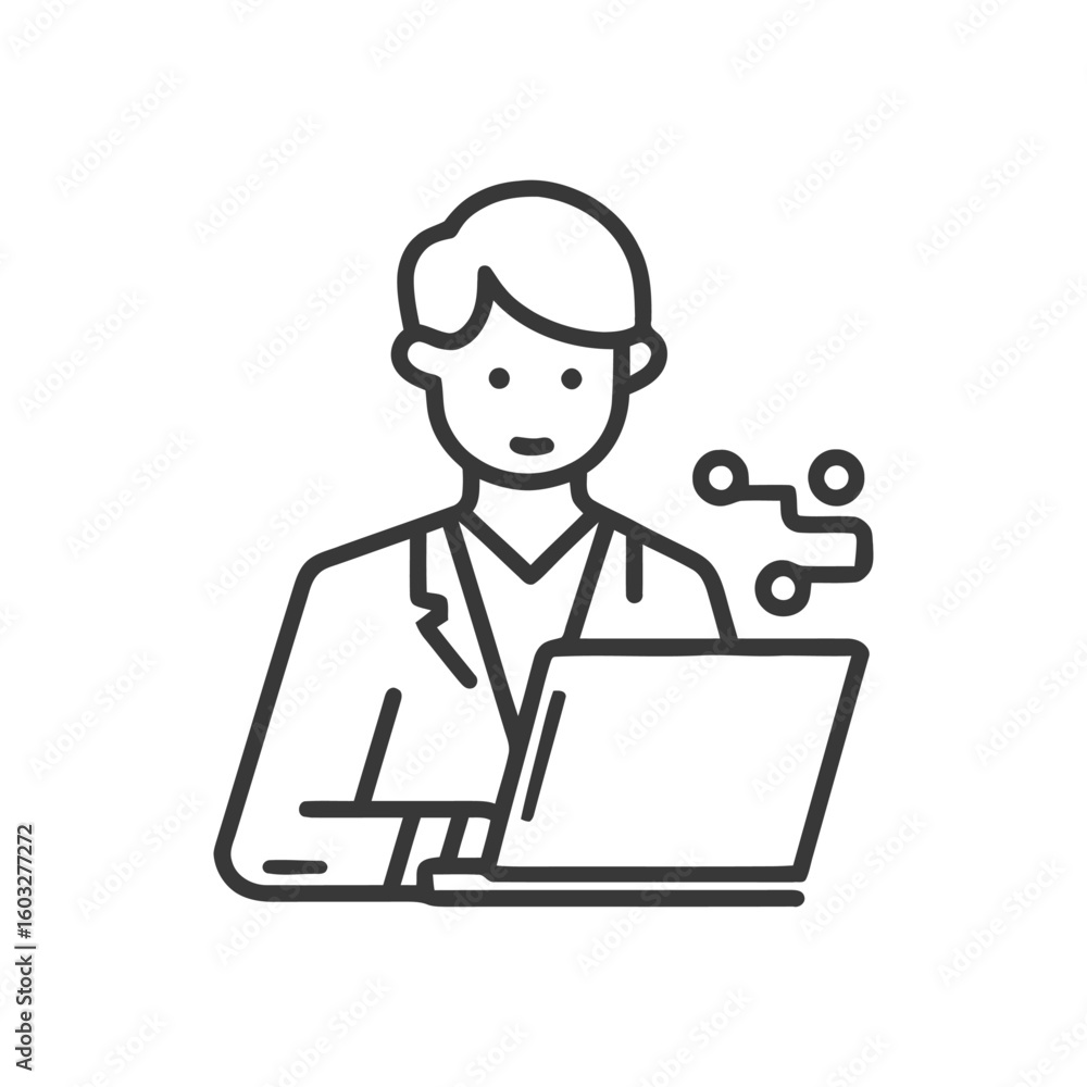 Poster minimalist line art icon: person with laptop and circuit symbol, representing technology and program