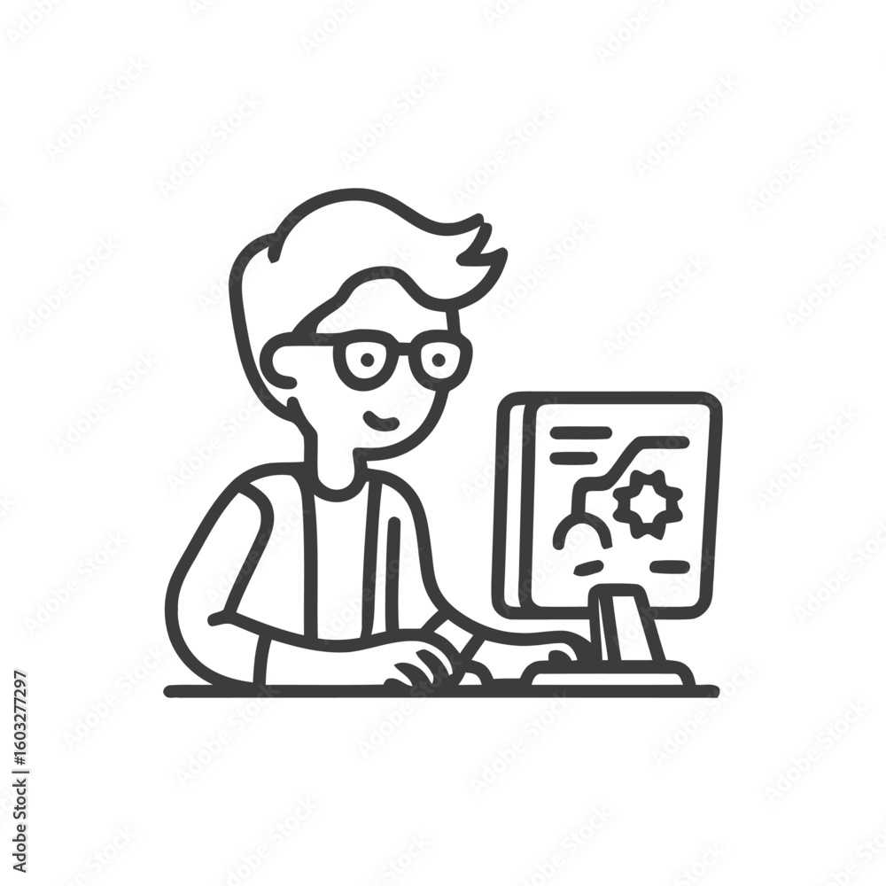 Poster smiling young man with glasses coding or developing on computer, minimalist line art