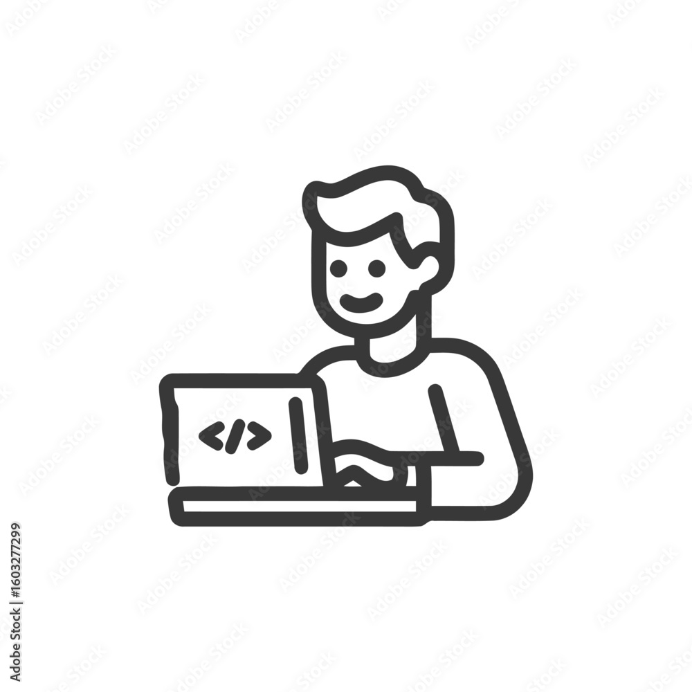 Poster smiling developer coding on laptop, minimalist line art icon for programming and web development
