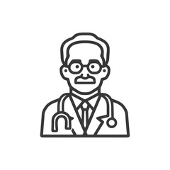 Clean Line Art Doctor Icon: Professional Male with Stethoscope, Glasses, and Moustache