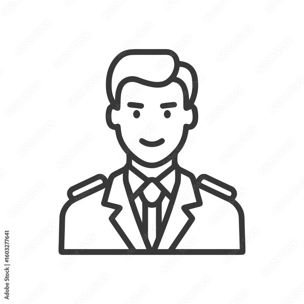 Poster smiling professional man in uniform icon with epaulets, clean line art vector