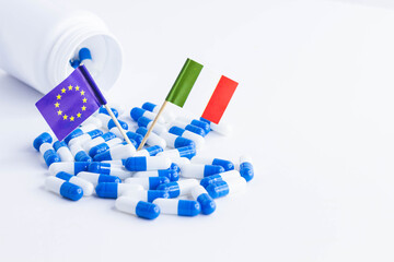 Tablets and EU and Italy flag. Import of tablets to Italy.