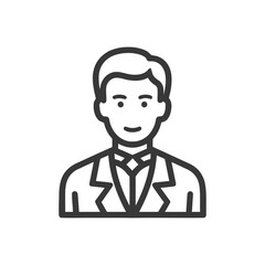 Clean Line Art Icon of a Smiling Professional Man in a Suit and Bow Tie, Ideal for User Avatars.
