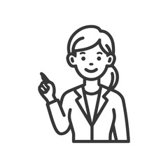 Smiling Businesswoman in Suit Pointing Upwards, Minimalist Line Art Vector Icon on White Background