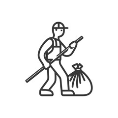 Monochrome Line Art Icon: Worker Cleaning Up Waste with Litter Picker and Bag
