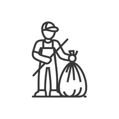 Monochrome Line Icon: Public Cleaner with Trash Bag and Litter Picker Tool, Environmental Cleanup Concept
