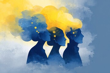 Fantasy landscape silhouettes people colorful clouds reflecting different thoughts ideas symbolizing creativity communication emotions