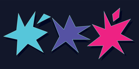 Flat vector illustration of three stylized abstract star or explosion shapes in neon color palette. Perfect for sci-fi interface design, game icons, digital stickers.