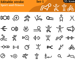 A bold and energetic icon set featuring dumbbells, yoga poses, running shoes, heart rate monitor, treadmill, jump rope, and water bottle—representing health, training, power, and active lifestyle.