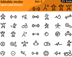 A bold and energetic icon set featuring dumbbells, yoga poses, running shoes, heart rate monitor, treadmill, jump rope, and water bottle—representing health, training, power, and active lifestyle.