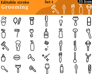 A sleek and clean icon set featuring combs, scissors, hairdryer, razor, mirror, shampoo bottle, and nail clippers—perfect for beauty salons, barbershops, personal care, and hygiene themes.