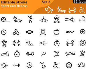 A bold and energetic icon set featuring dumbbells, yoga poses, running shoes, heart rate monitor, treadmill, jump rope, and water bottle—representing health, training, power, and active lifestyle.