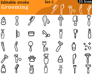 A sleek and clean icon set featuring combs, scissors, hairdryer, razor, mirror, shampoo bottle, and nail clippers—perfect for beauty salons, barbershops, personal care, and hygiene themes.