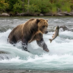 Powerful Grizzly Bear Catching Salmon in River
