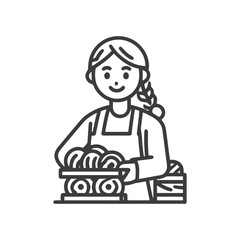 Friendly Female Baker Presenting Freshly Baked Goods in Simple Line Art
