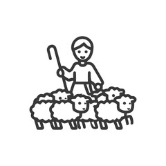 Minimalist Line Art Icon of Smiling Shepherd with Flock of Sheep