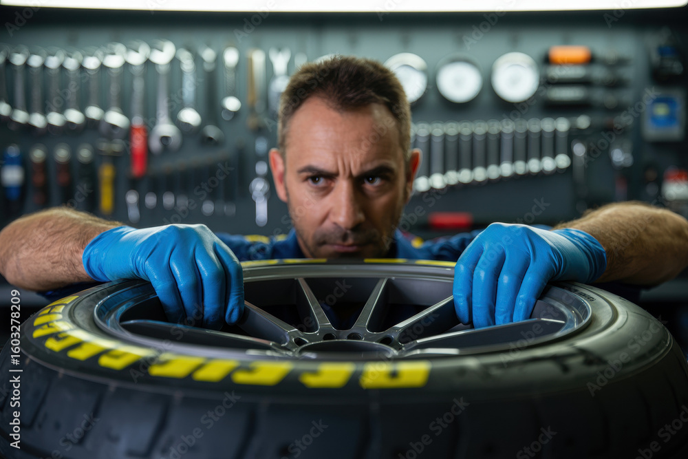 Poster focused mechanic inspecting performance tire in modern workshop with a sleek tool backdrop