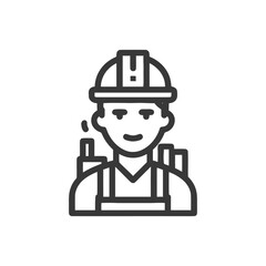 Smiling Male Worker Outline Icon in Hard Hat and Overalls, Industrial Professional Symbol